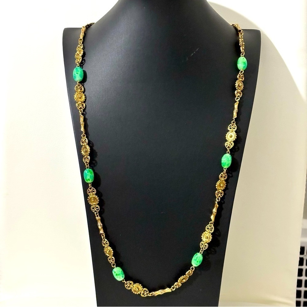 Vintage gold tone extra long marble design acrylic beaded necklace